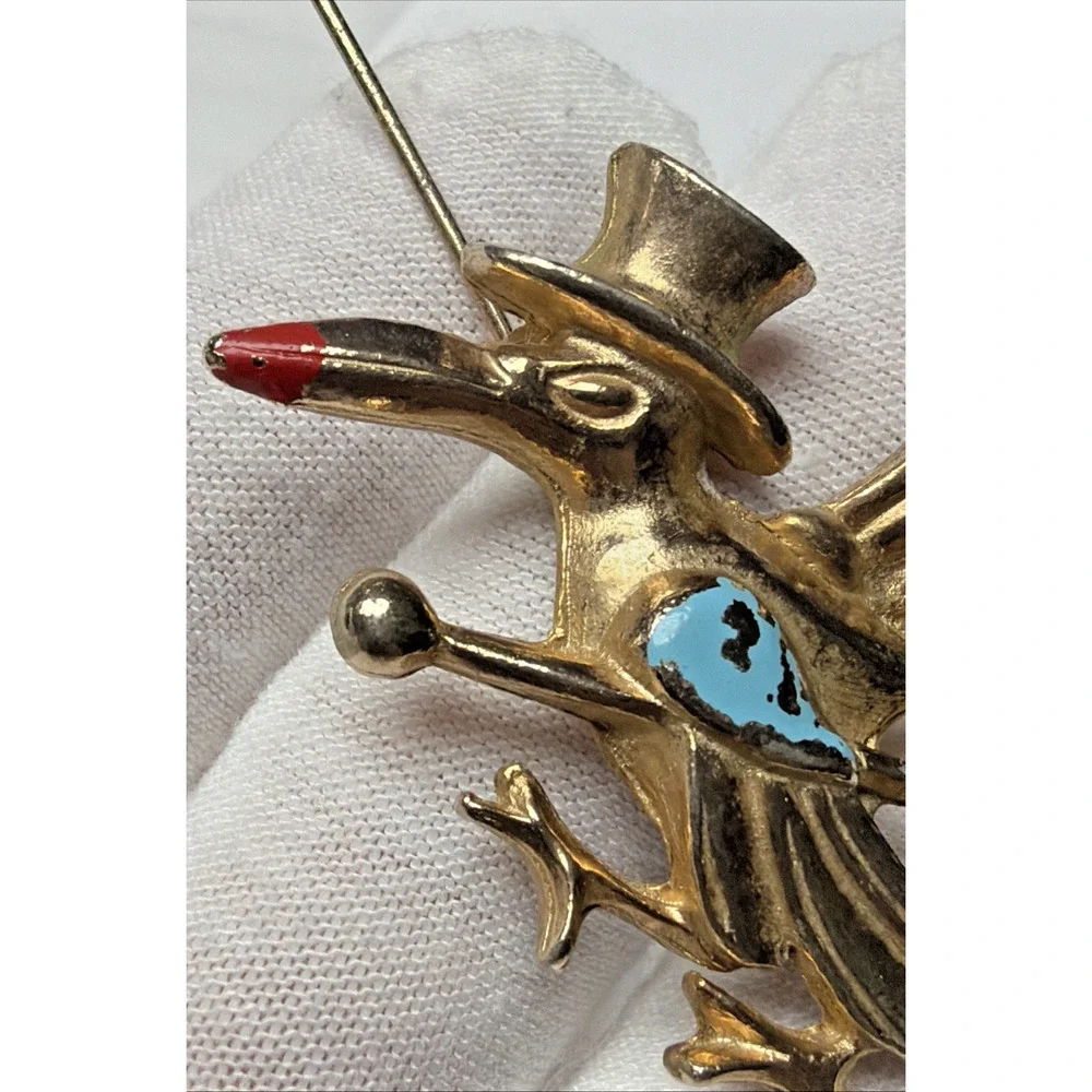 Vintage Roadrunner Natty Bird Pin Brooch Stork Gold Tone Enamel Top Hat Cane